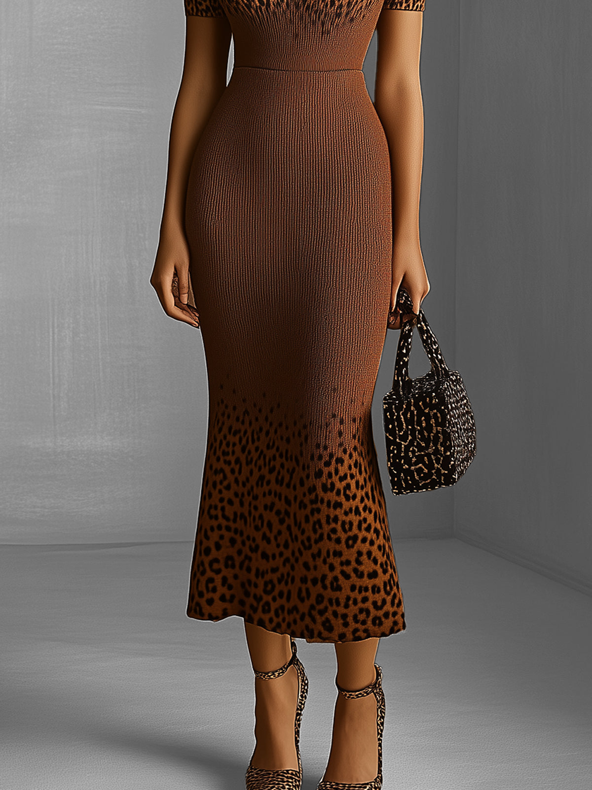 Leopard Ombre Knit Midi Dress With V-Neck