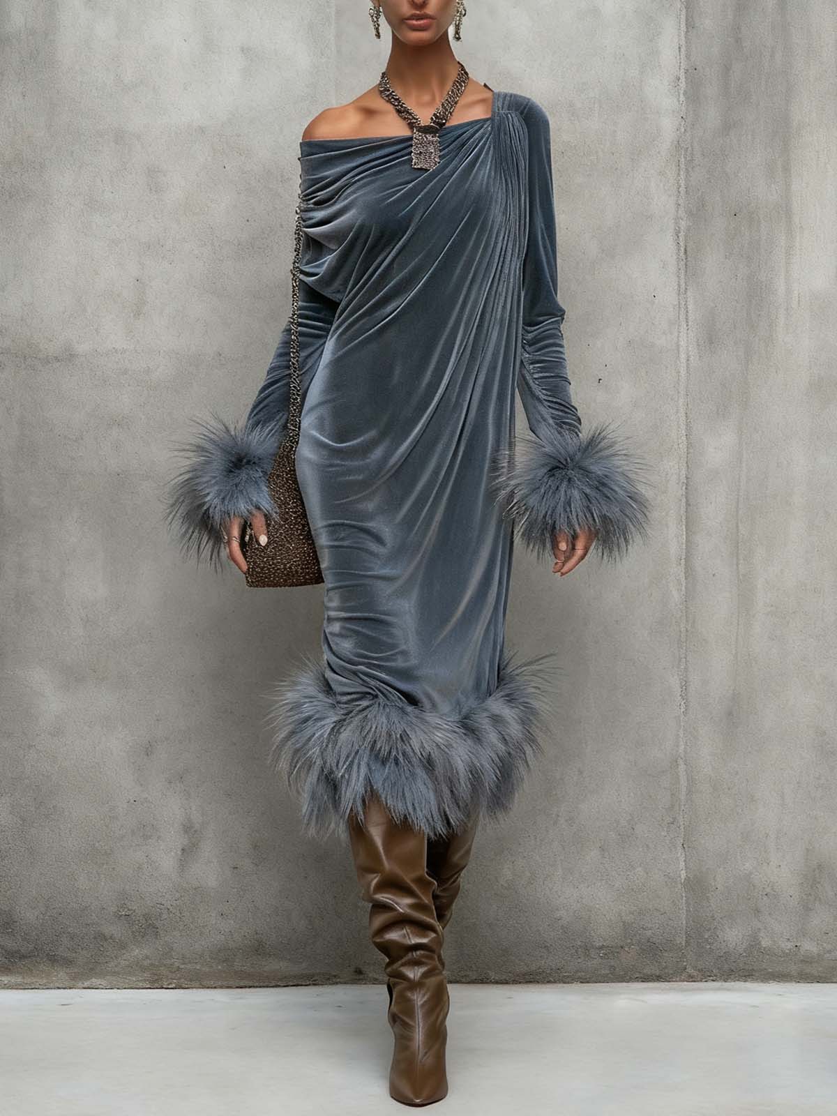 Blue Grey Velvet Off Shoulder Ruched Faux Fur Midi Dress