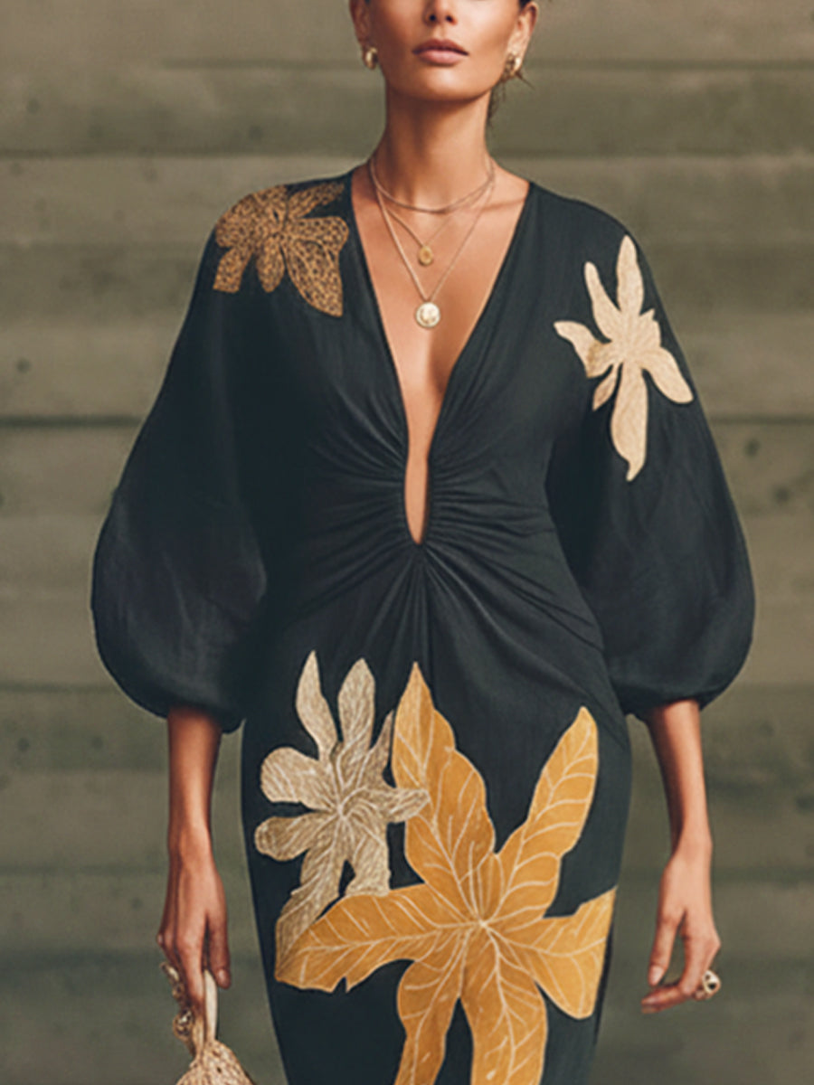 Black Cotton Linen Floral Print Deep V-Neck Maxi Dress