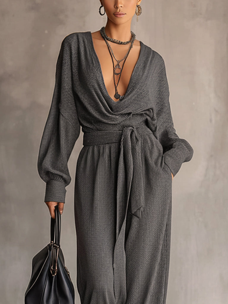 Gray Knit Deep Neck Top And Wide Leg Pants Set