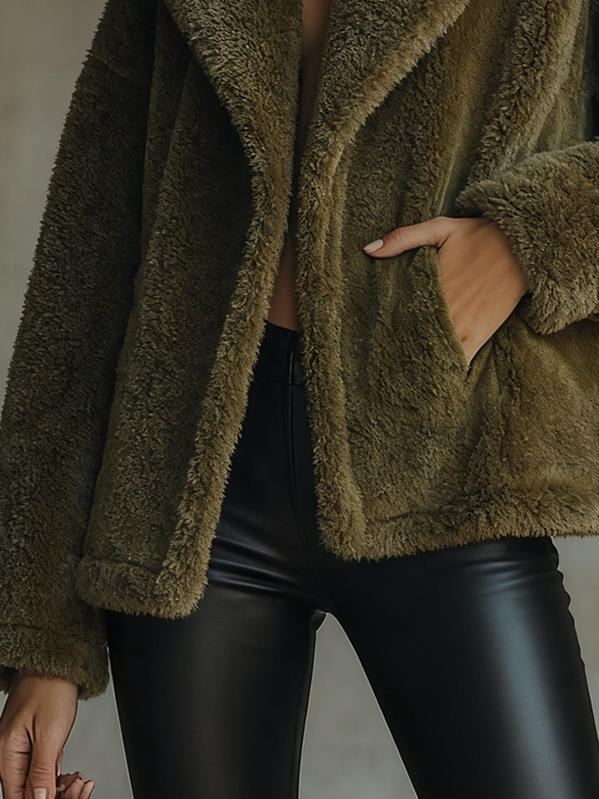 Olive Faux Shearling Oversized Lapel Jacket