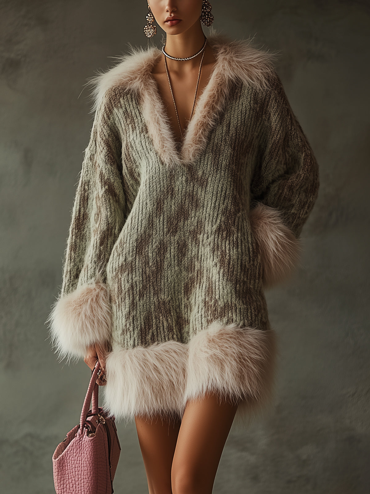 Green Knitted Dress With Faux Fur Trim And Deep V-Neck
