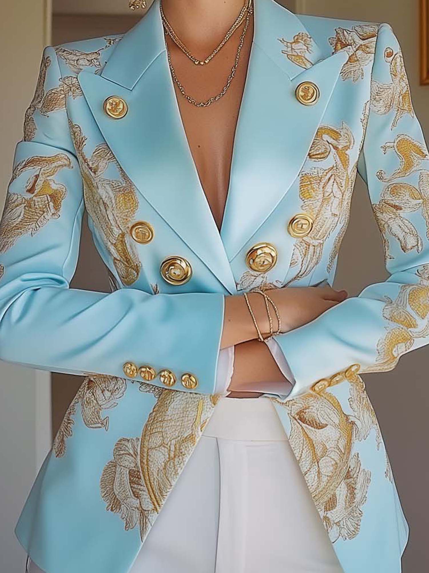 Sky Blue Satin Blazer With Elegant Gold Print