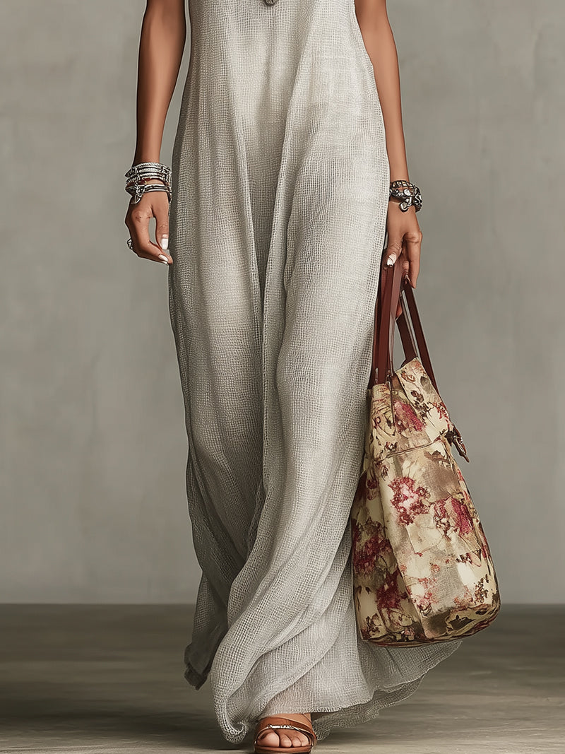 Light Gray Layered Lmit Maxi Dress With White Tank Dress