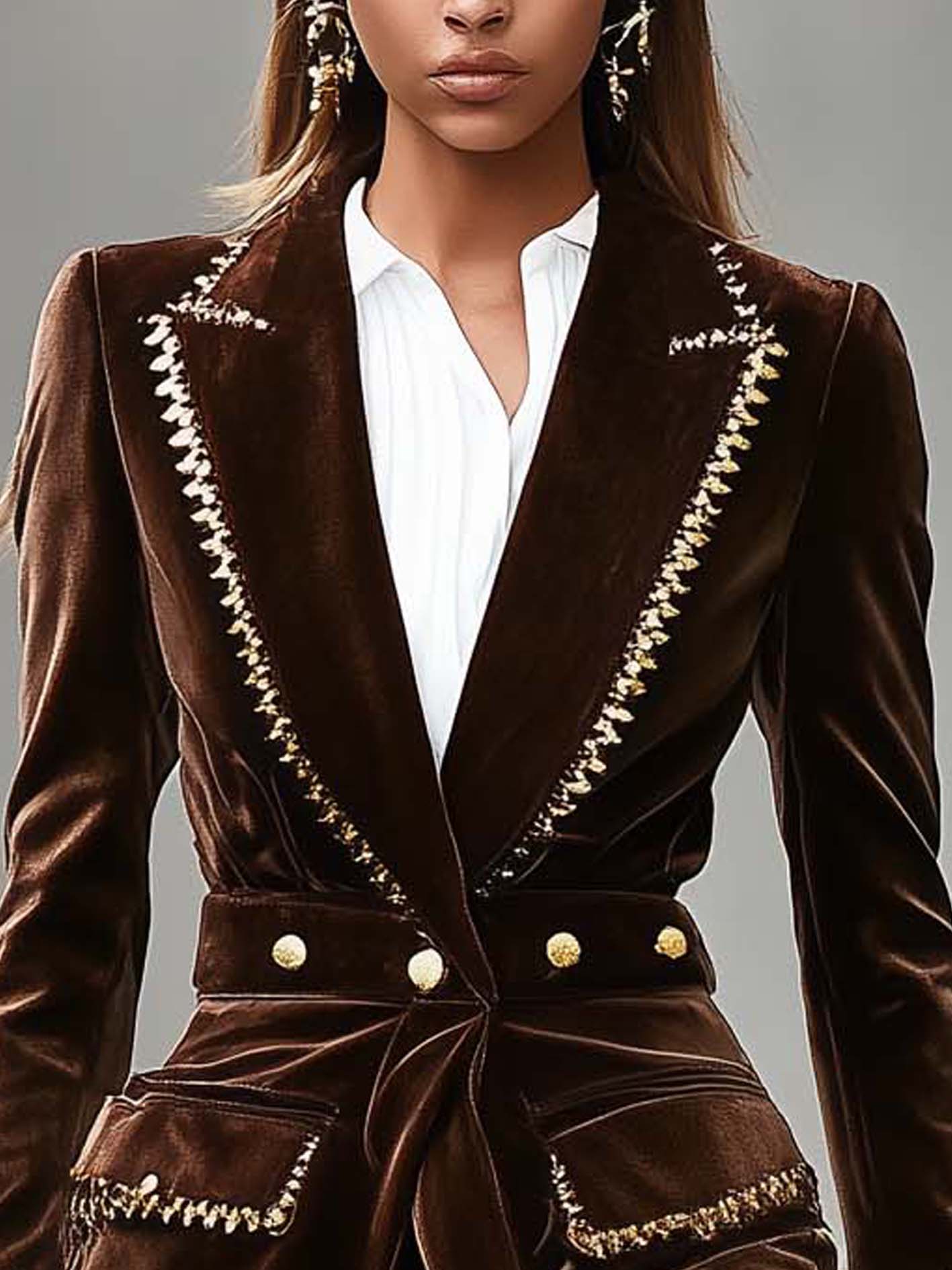 Brown Velvet Blazer With Gold Fashion Ribbon