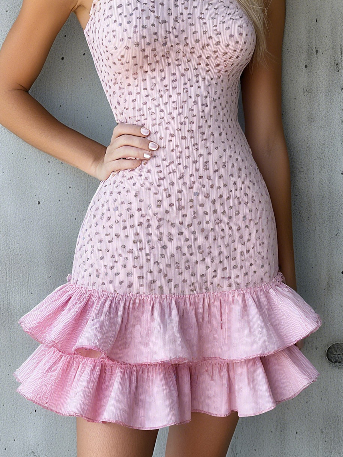 Pink Textured Knit Ruffle Hem Sleeveless Mock Neck Mini Dress