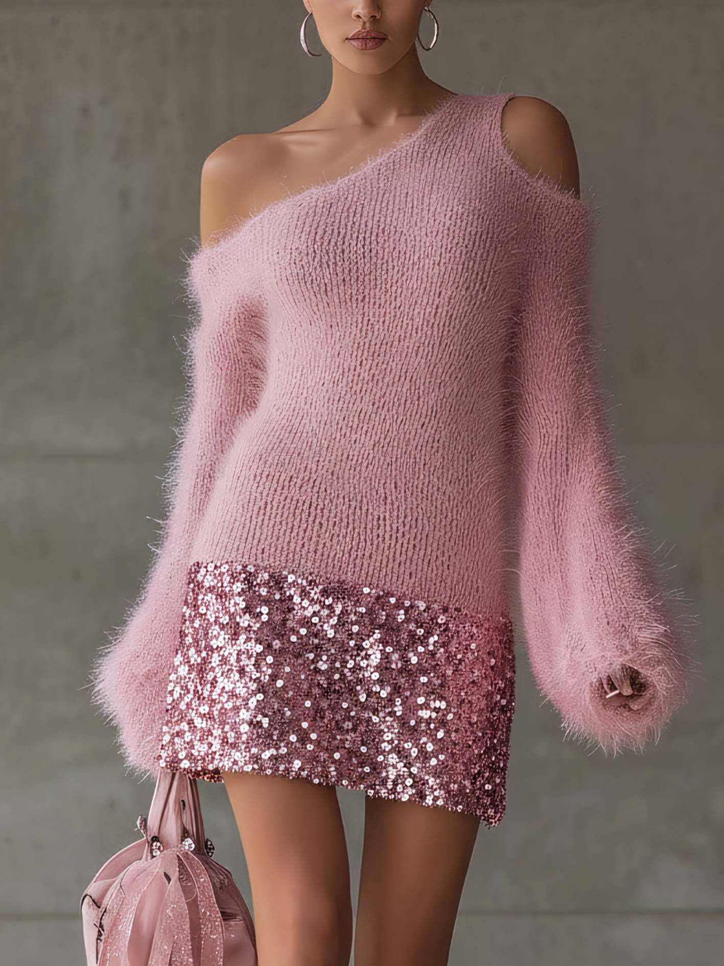 Pink Mohair Cold Shoulder Knit Mini Dress With Sequin Patchwork Hem