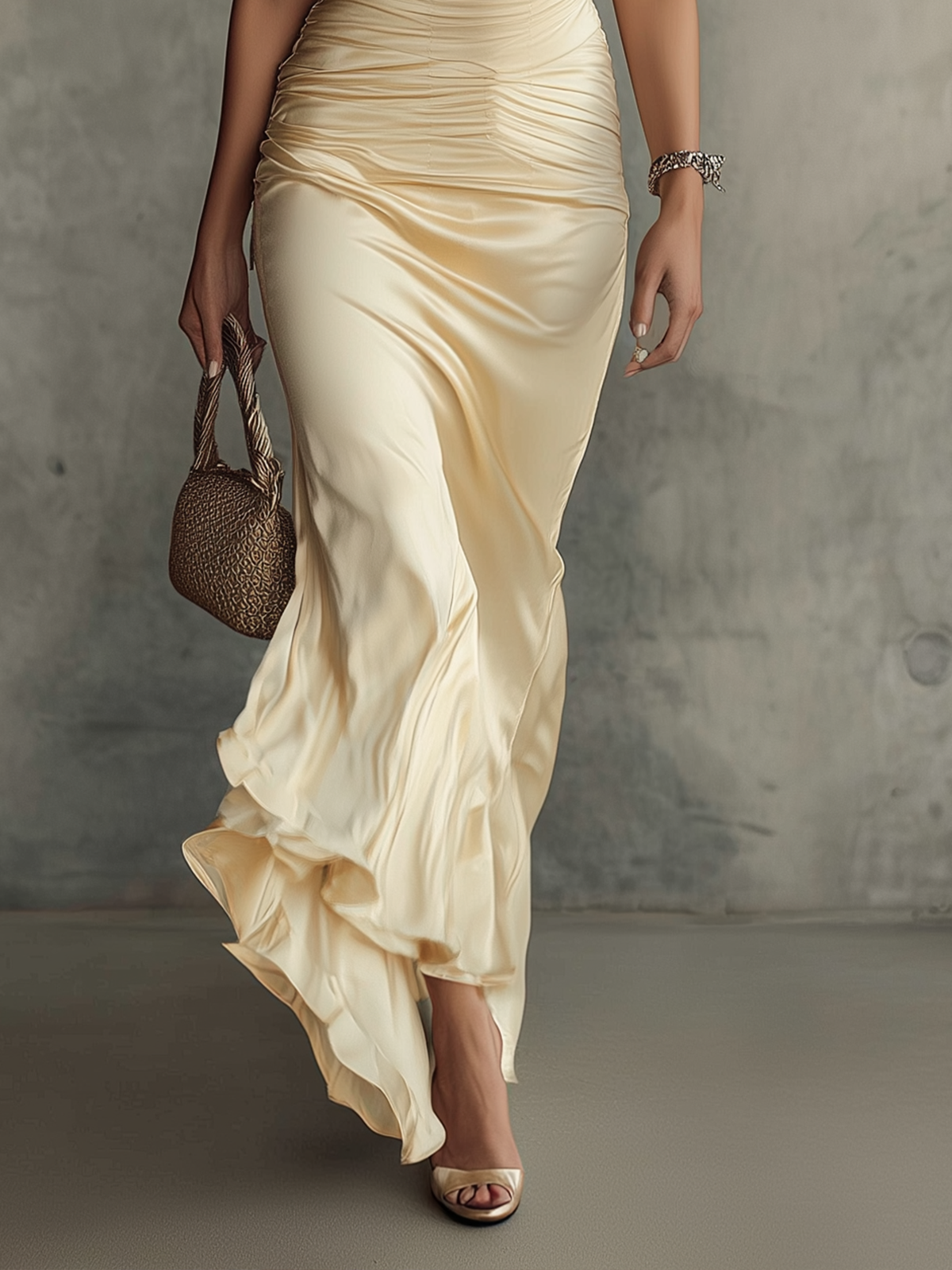 Golden Champagne Ruffled Sleeve Satin Maxi Dress