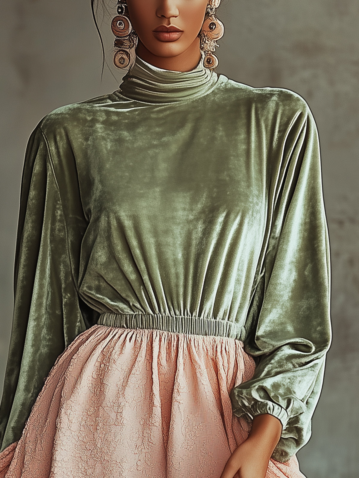 Green Velvet And Pink Lace Two-Tone Skater Dress