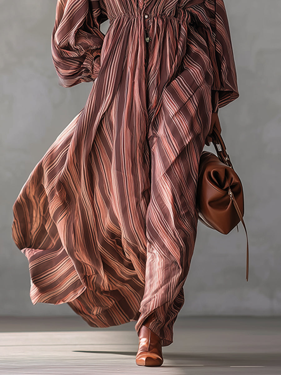 Pink Striped Cotton Linen Maxi Dress