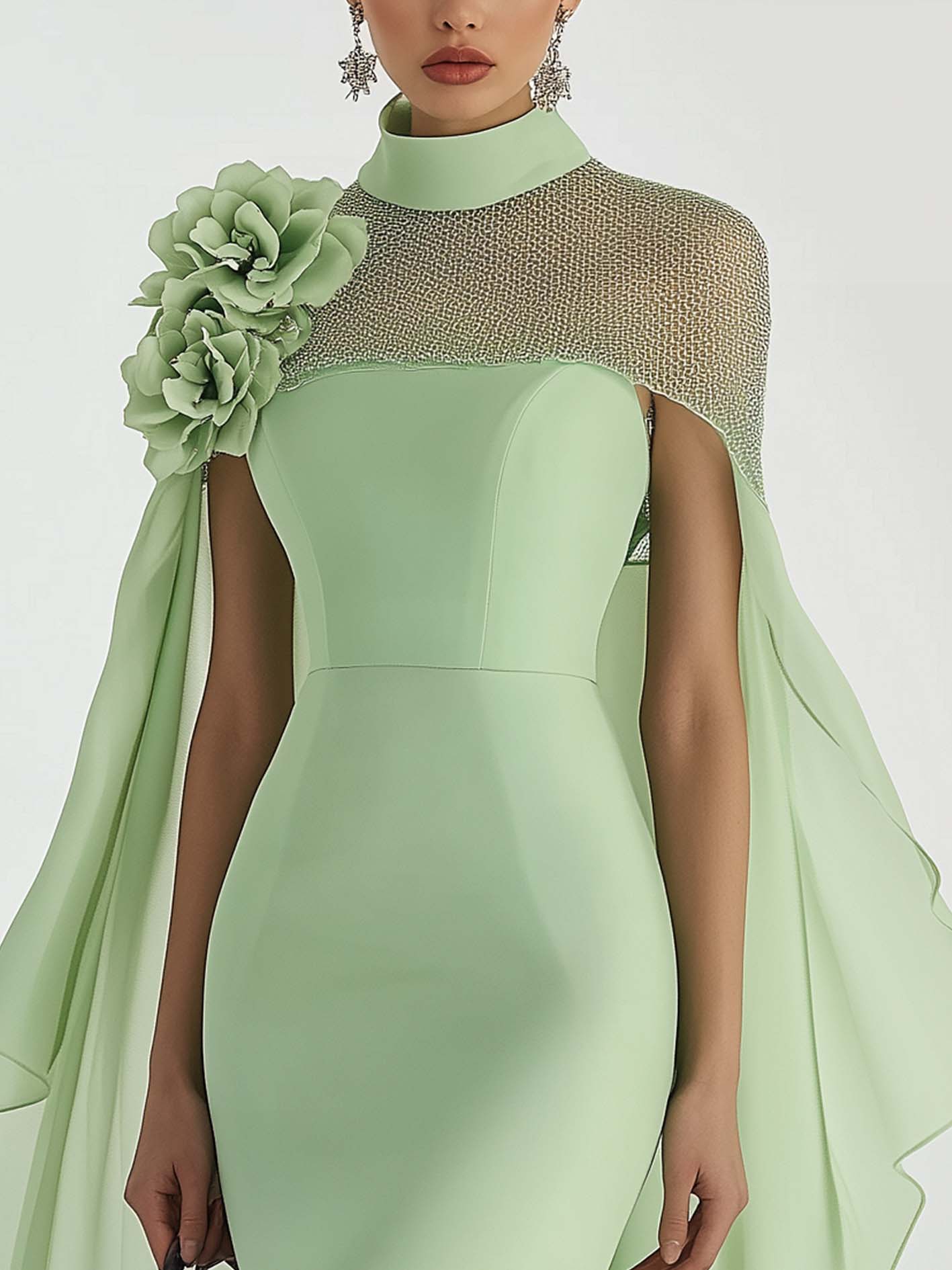 Green Midi Bodycon Dress With 3D Flowers And Cape