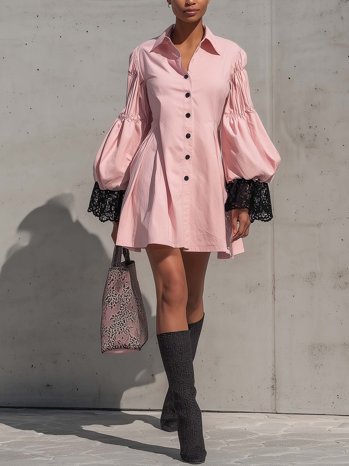 Pink Cotton-Linen Washed Mini Dress With Lace Cuff