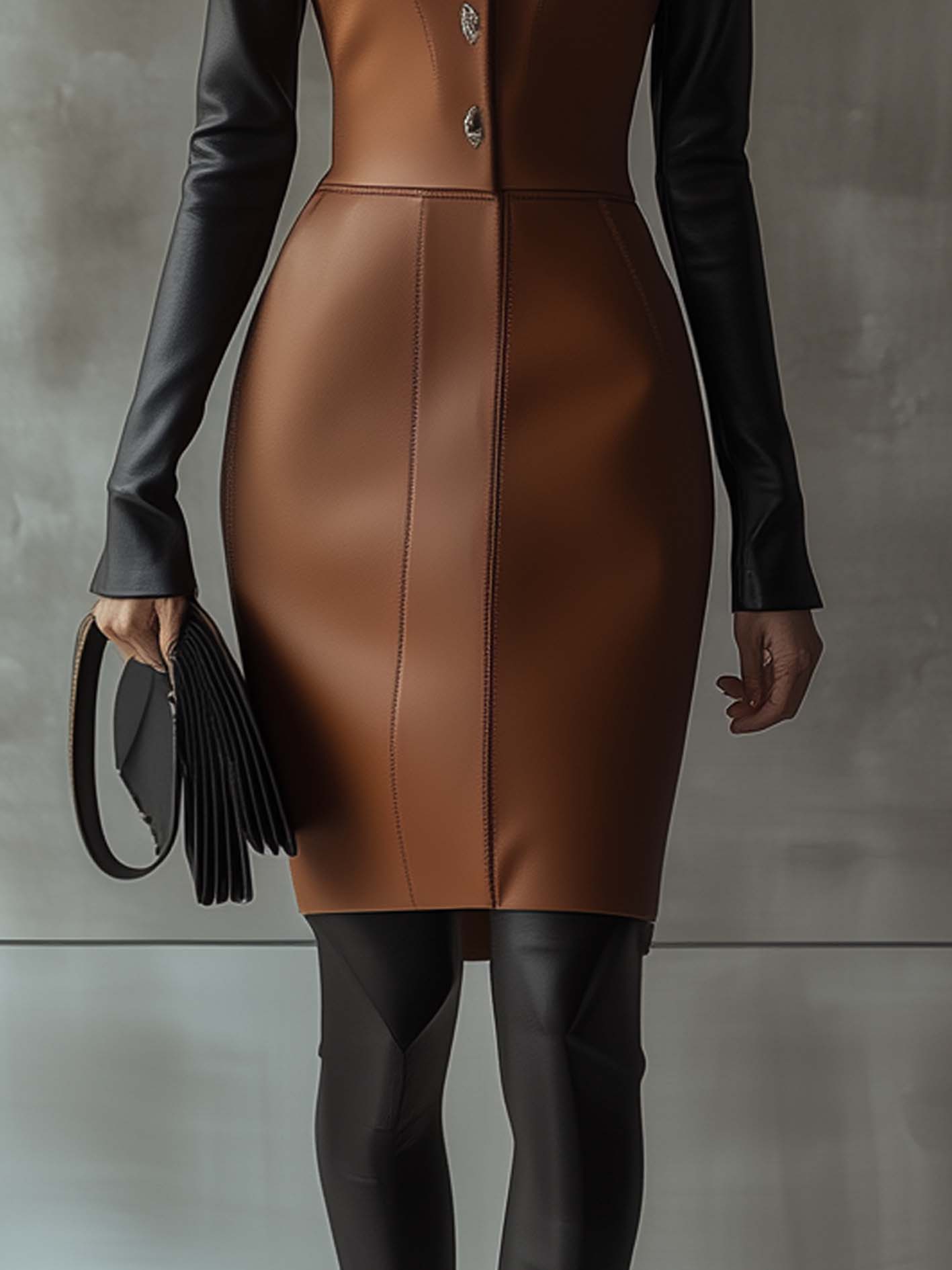 Elegant Brown Faux Leather Midi Bodycon Dress With Stand-up Collar
