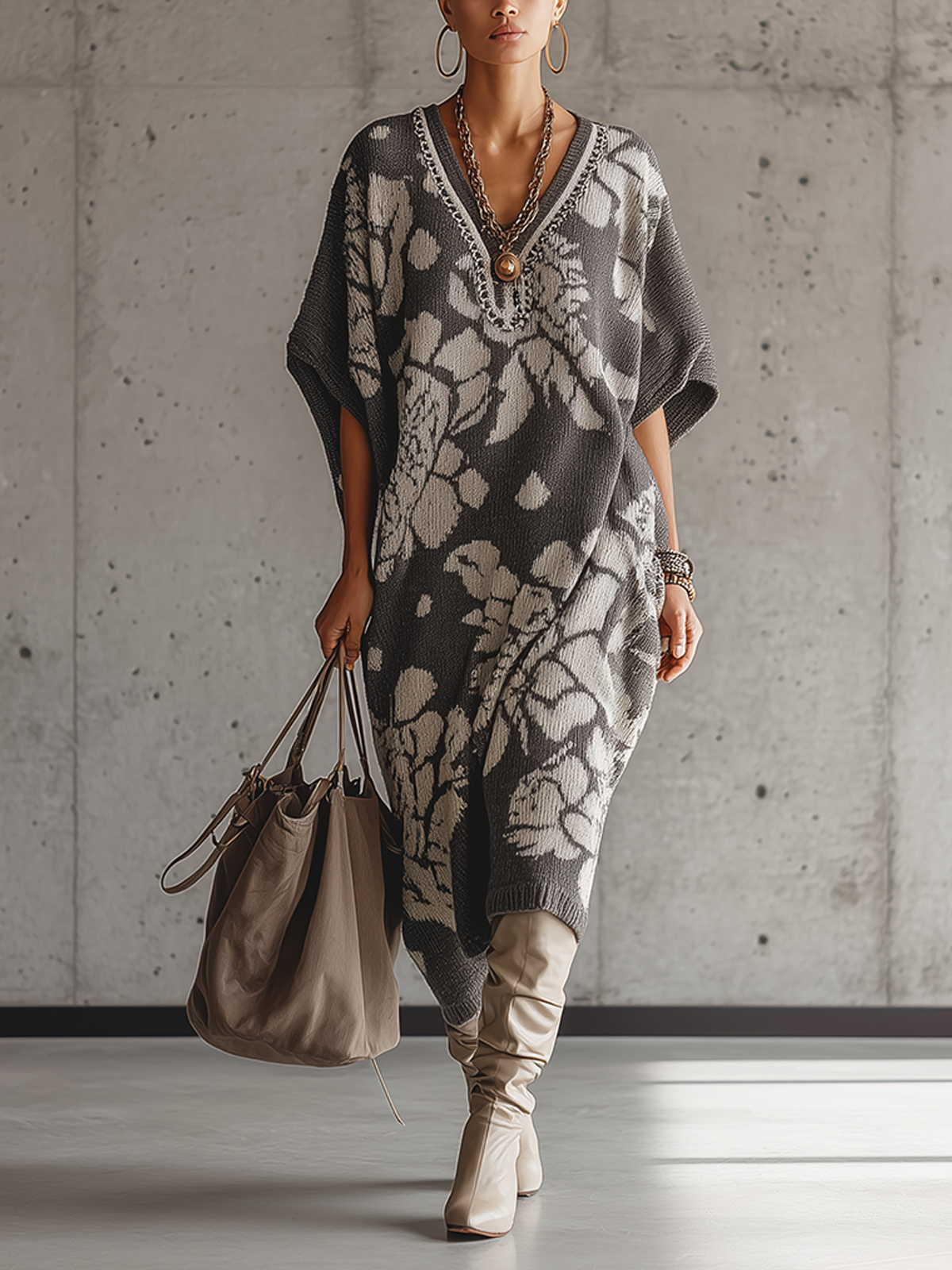 Gray Floral Knit V-Neck Oversized Midi Dress