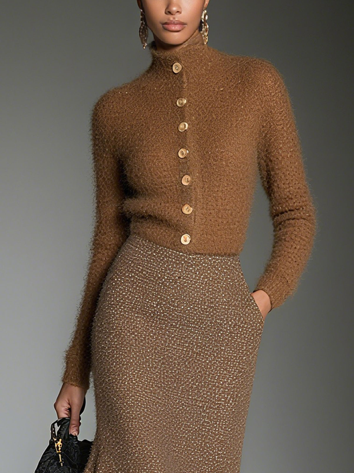 Brown Turtleneck Knit Sweater And Knit Skirt Set