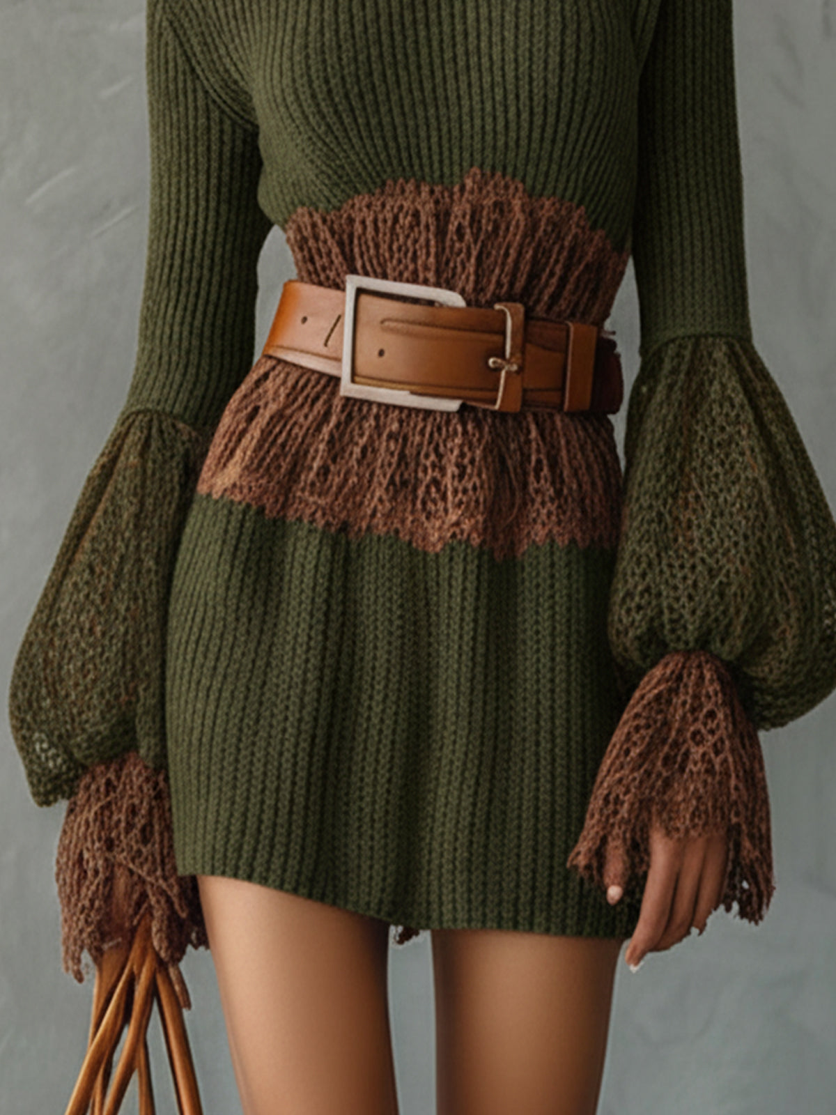 Green Knit Mini Dress With Brown Lace Contrast And Belted Waist