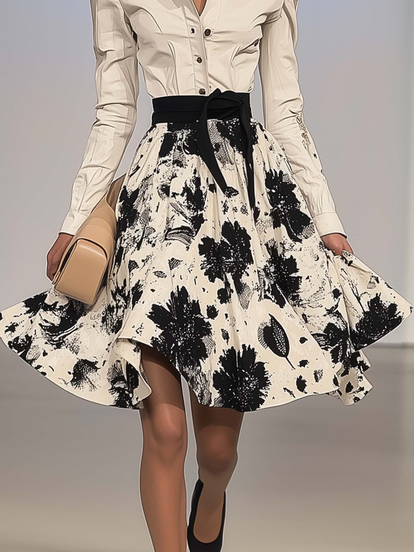 Gray Midi Shirt Dress With Patchwork And Black Floral Print