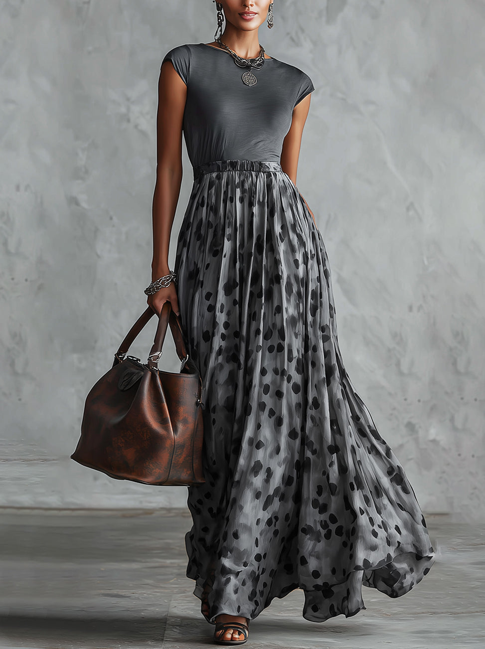 Gray Cap Sleeve Polka Dot Chiffon Maxi Dress
