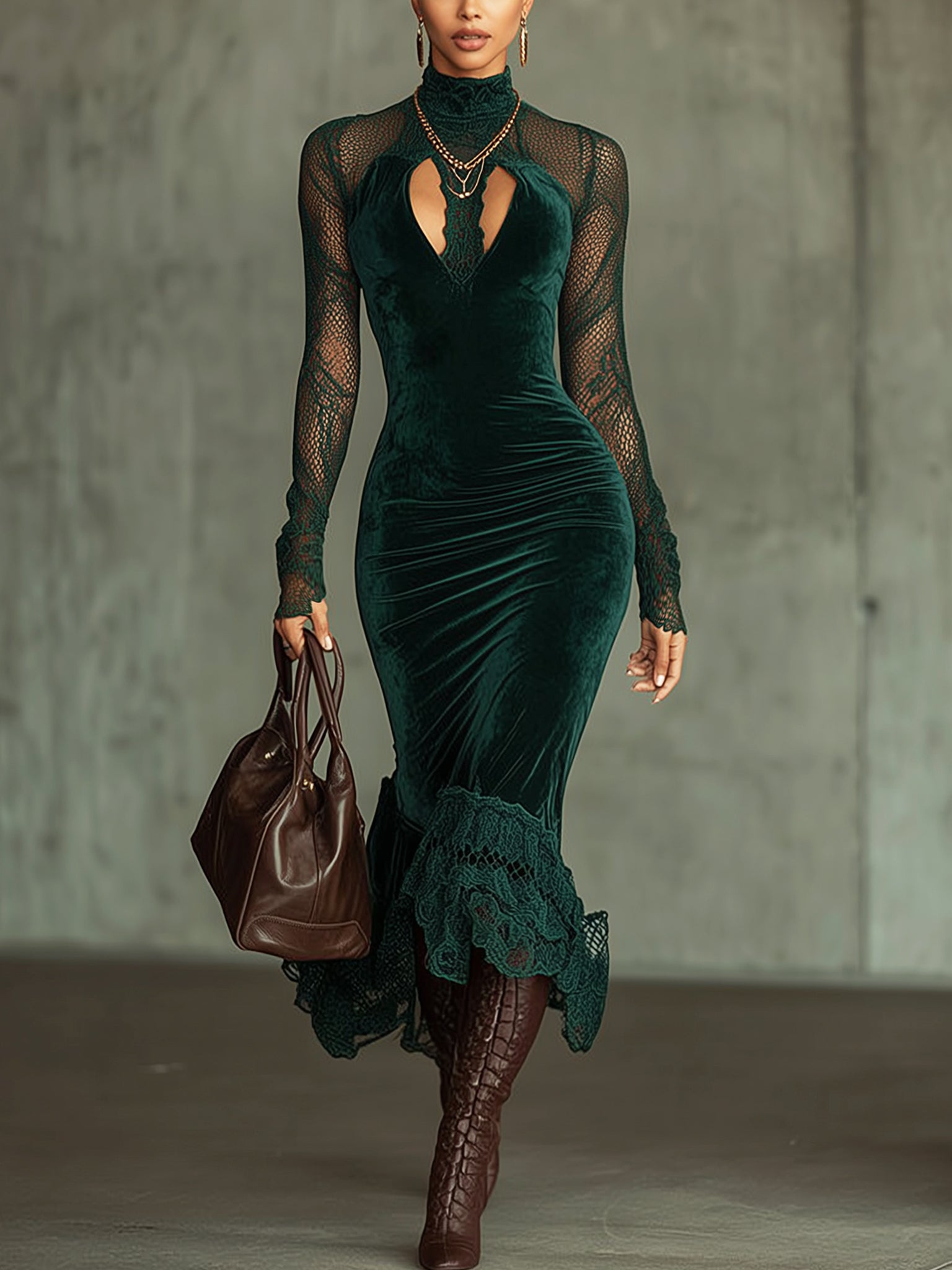 Forest Green Velvet Lace Cutout Long Sleeve Bodycon Dress