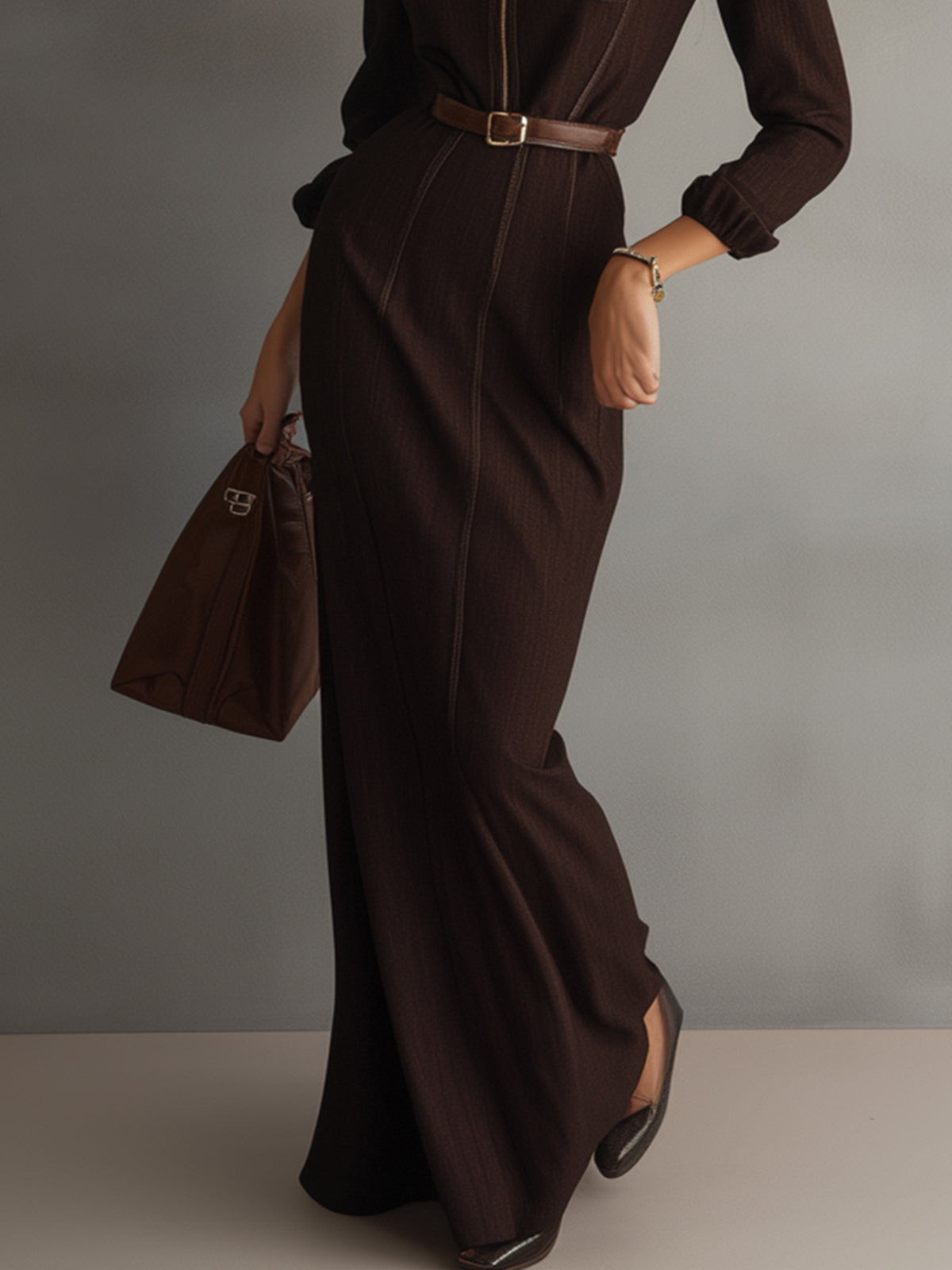 Brown Sophisticated Zip Front Maxi Dress