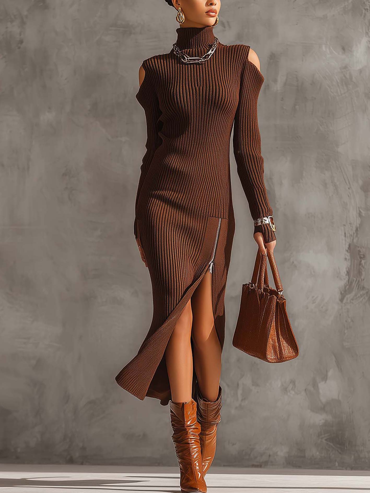 Cold Shoulder Chocolate Knit Bodycon Dress With Zipper
