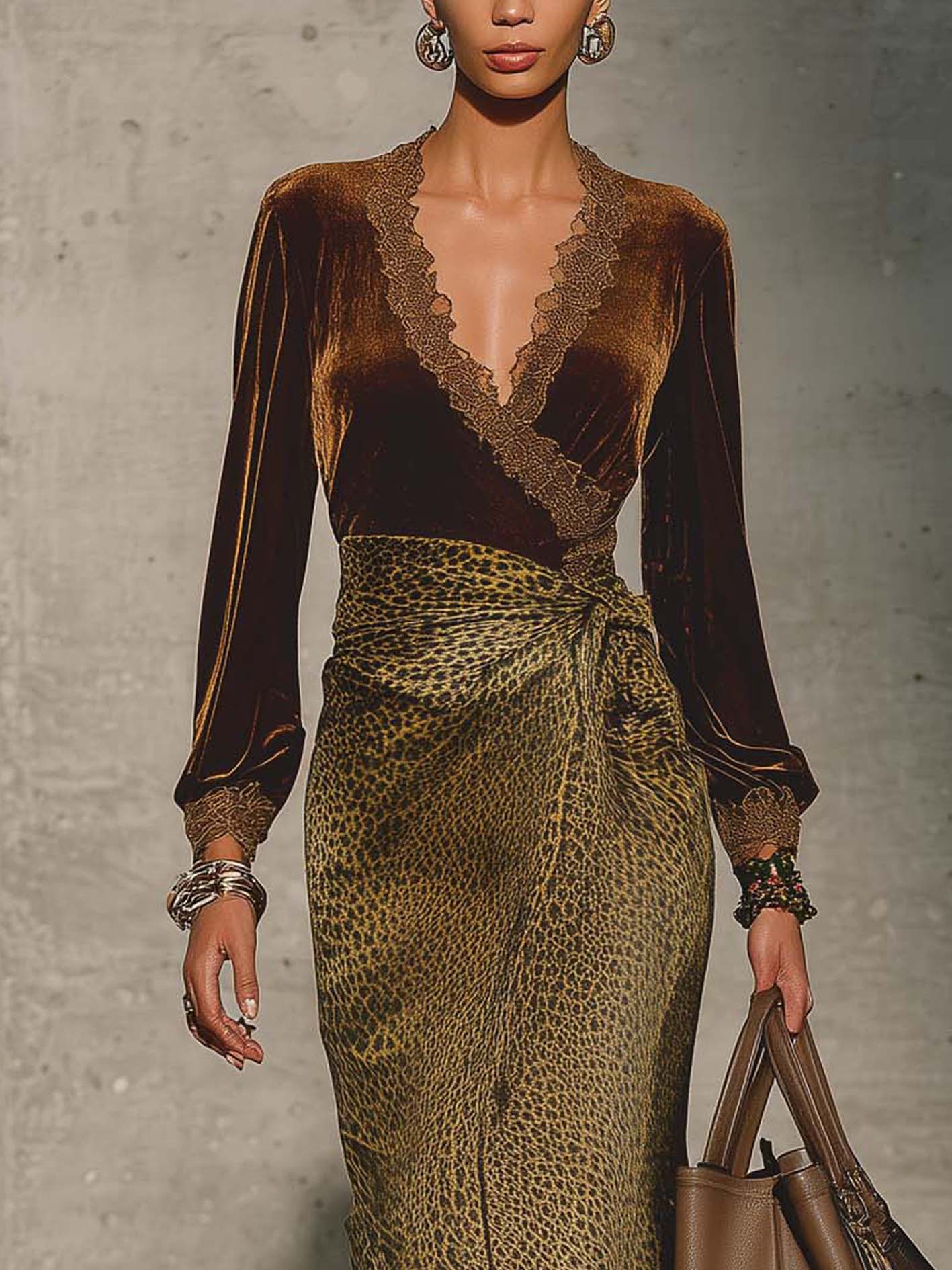 Brown Velvet Bodycon Dress With Leopard Print And Lace