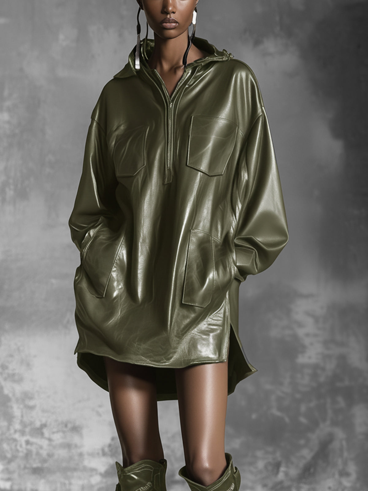 Olive Green Faux Leather Hooded Dress With Pockets