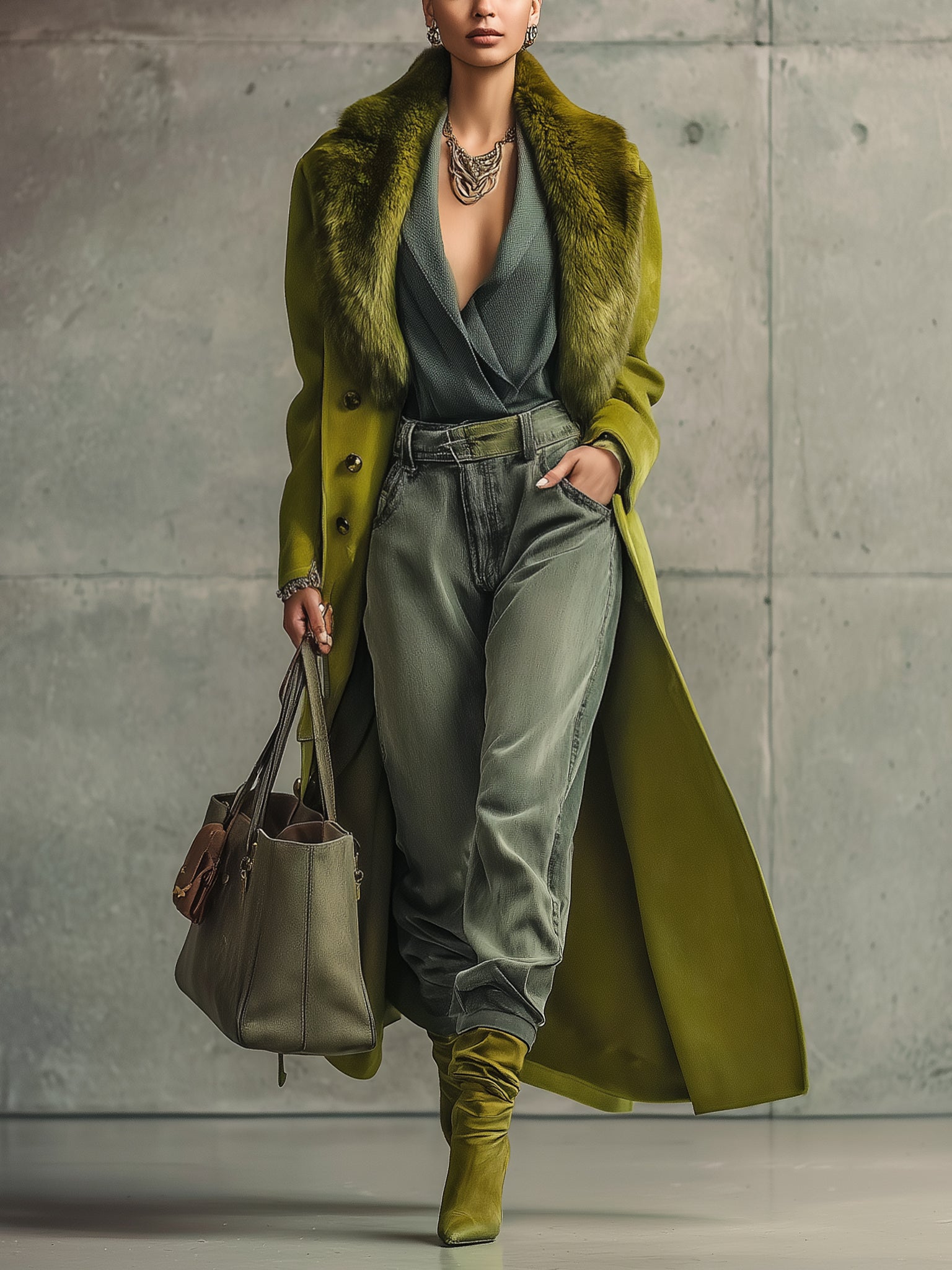 Green Wool Blend Fur Collar Coat