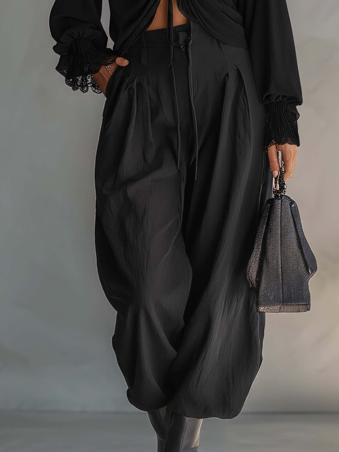 Black Pleated Chiffon Blouse With Ruffled Cuffs And Cotton-Linen Pants Two-Piece Set