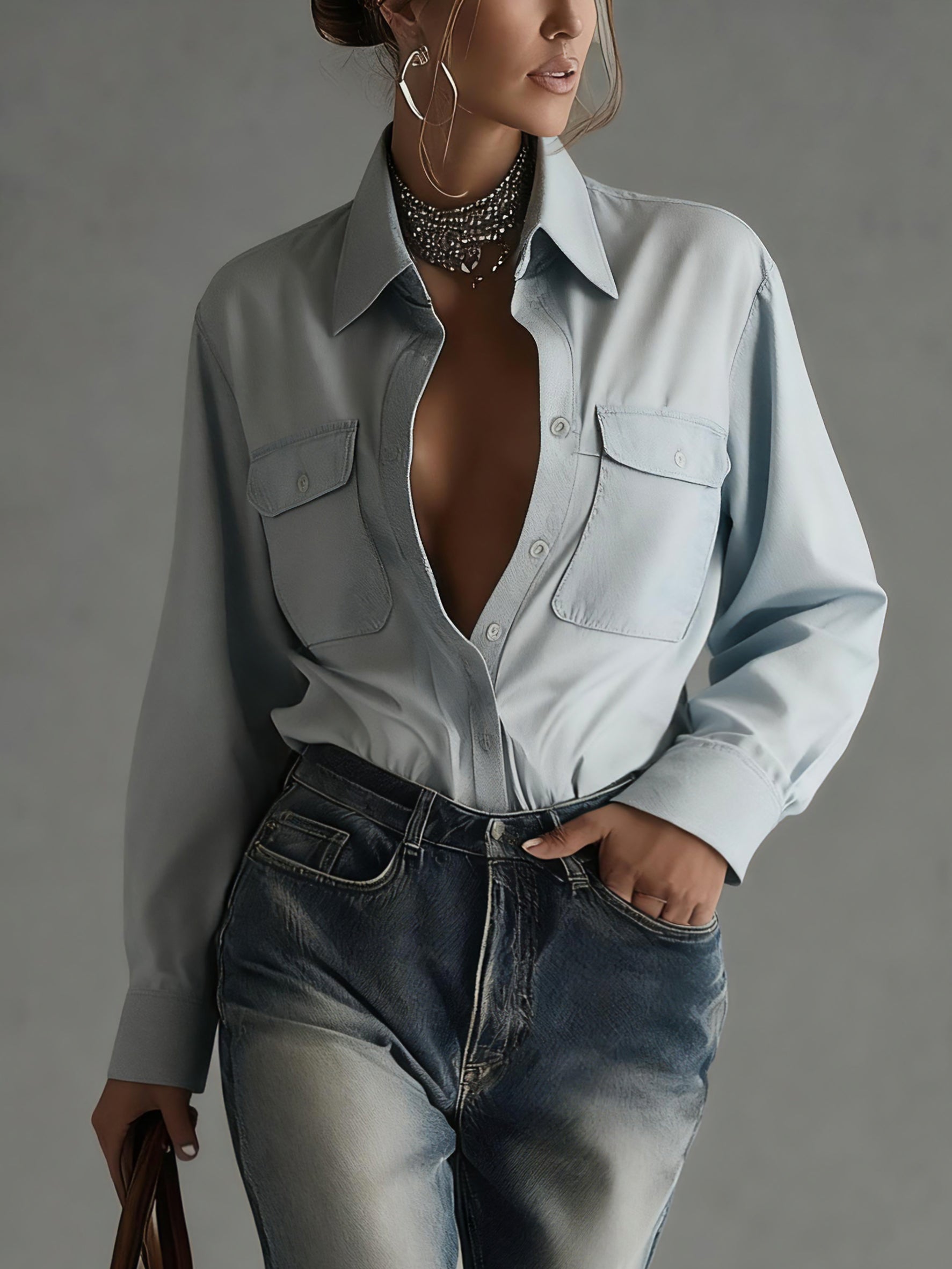 Light Blue Cotton Button Up Shirt With Dual Pockets