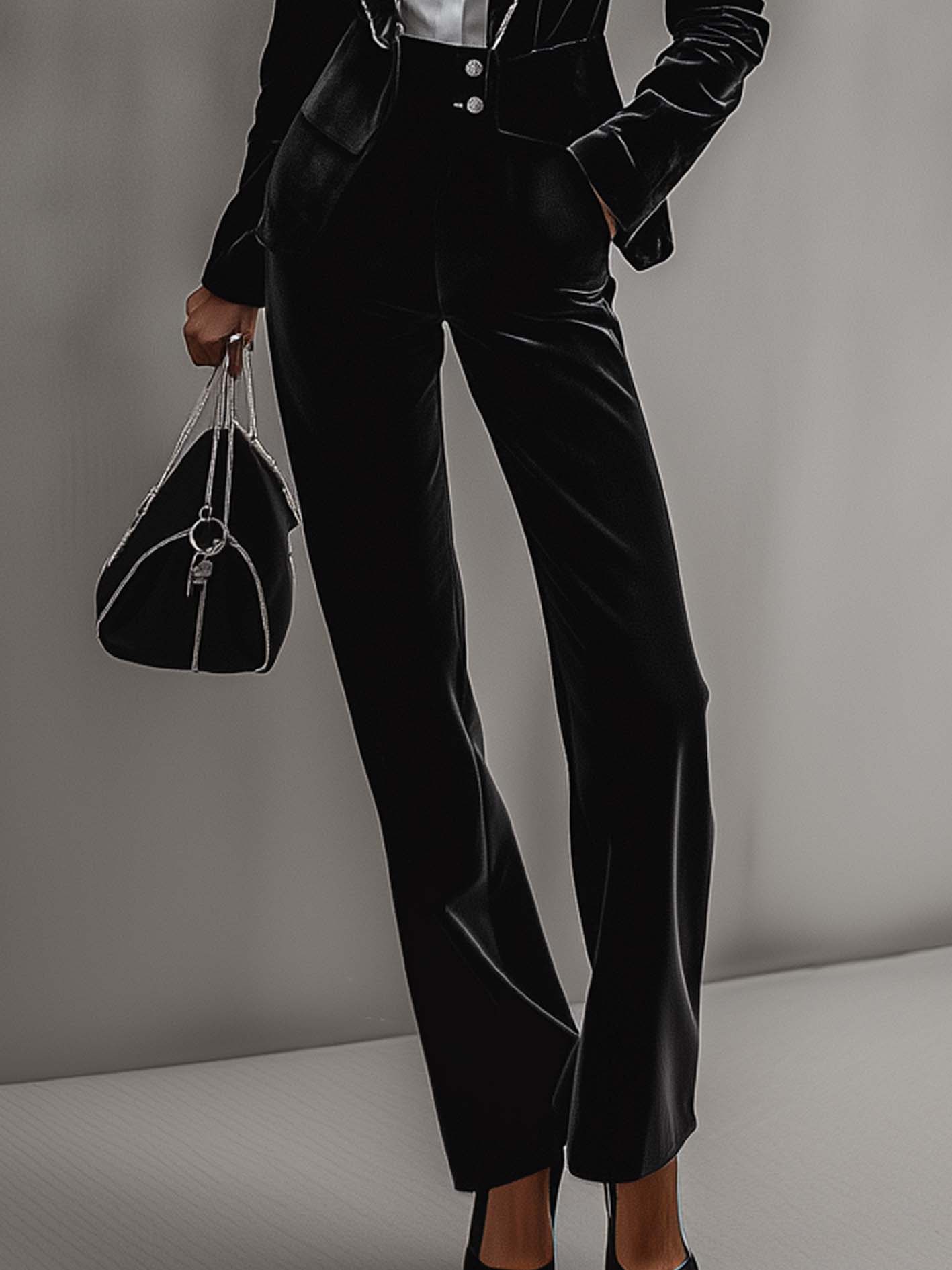 Black Velvet Suit With Silver Buttons And Trim