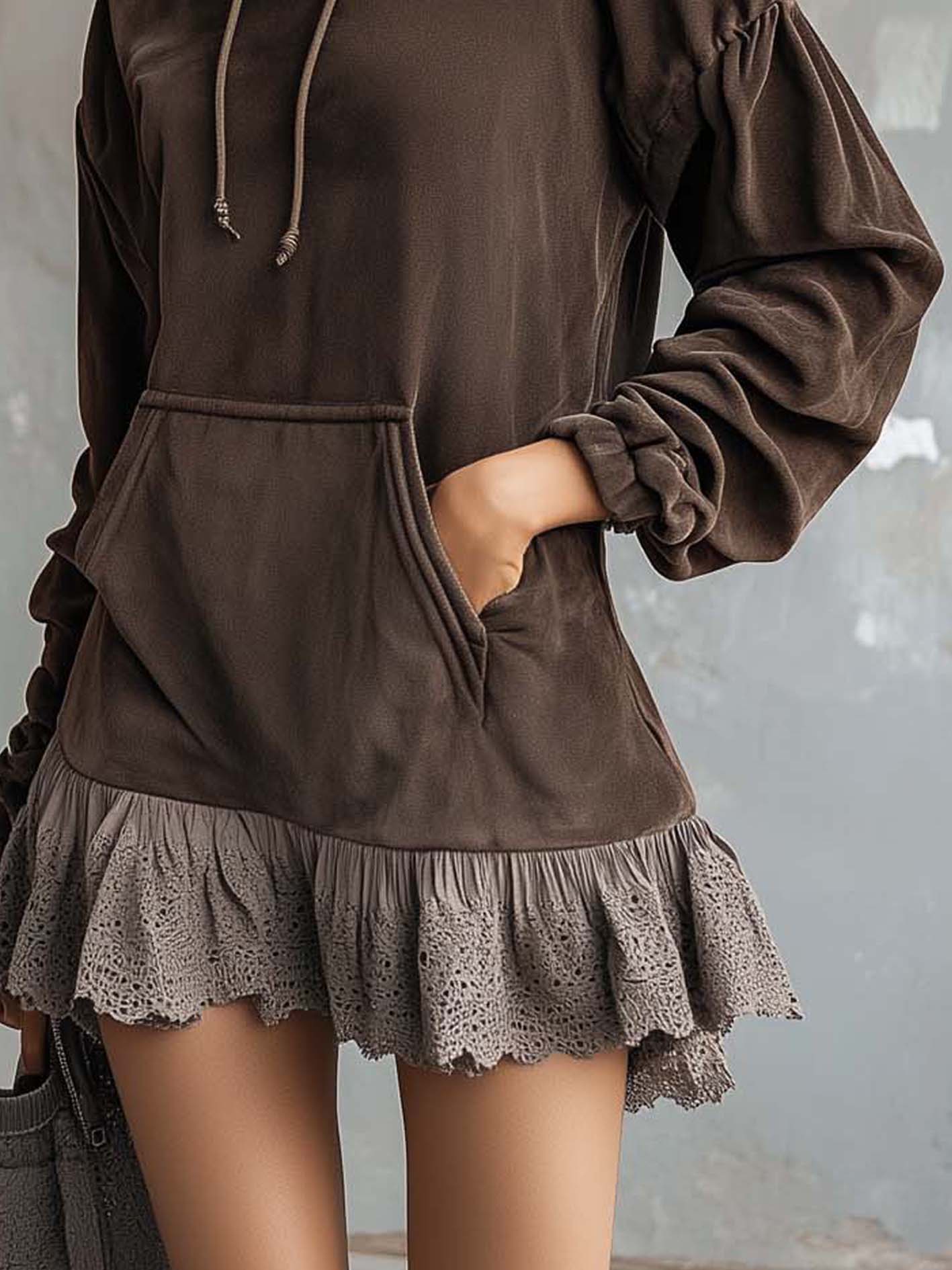 Dark Brown Faux Suede Hooded Mini Skirt With Lace Paneling