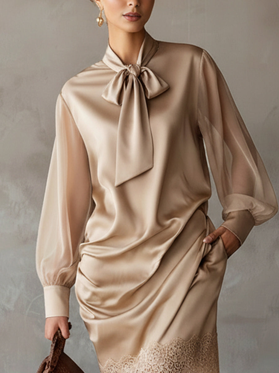 Champagne Satin Lace Trimmed Mini Dress