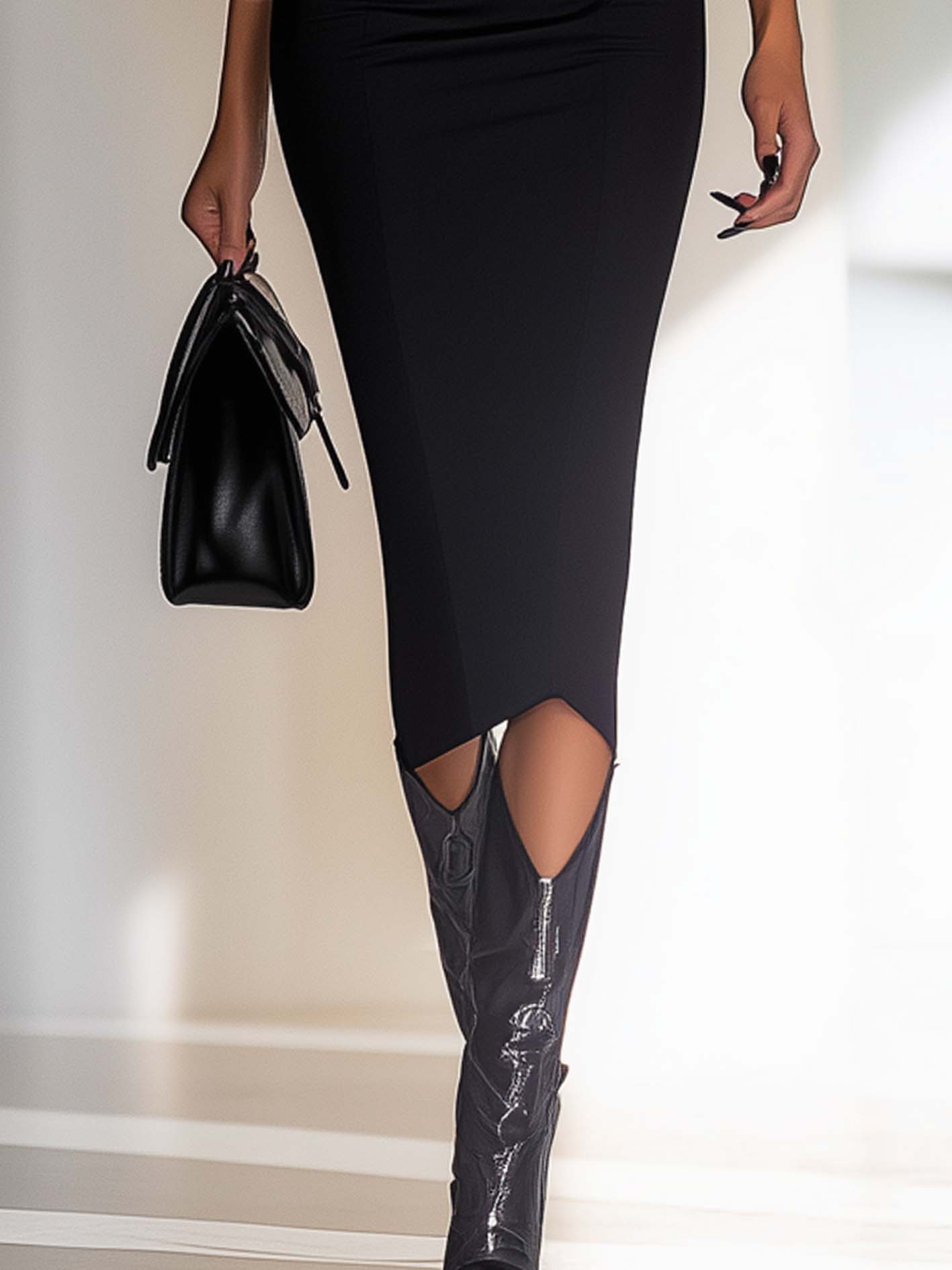 Black Midi Bodycon Dress With Sequined Polka Dots And Belt