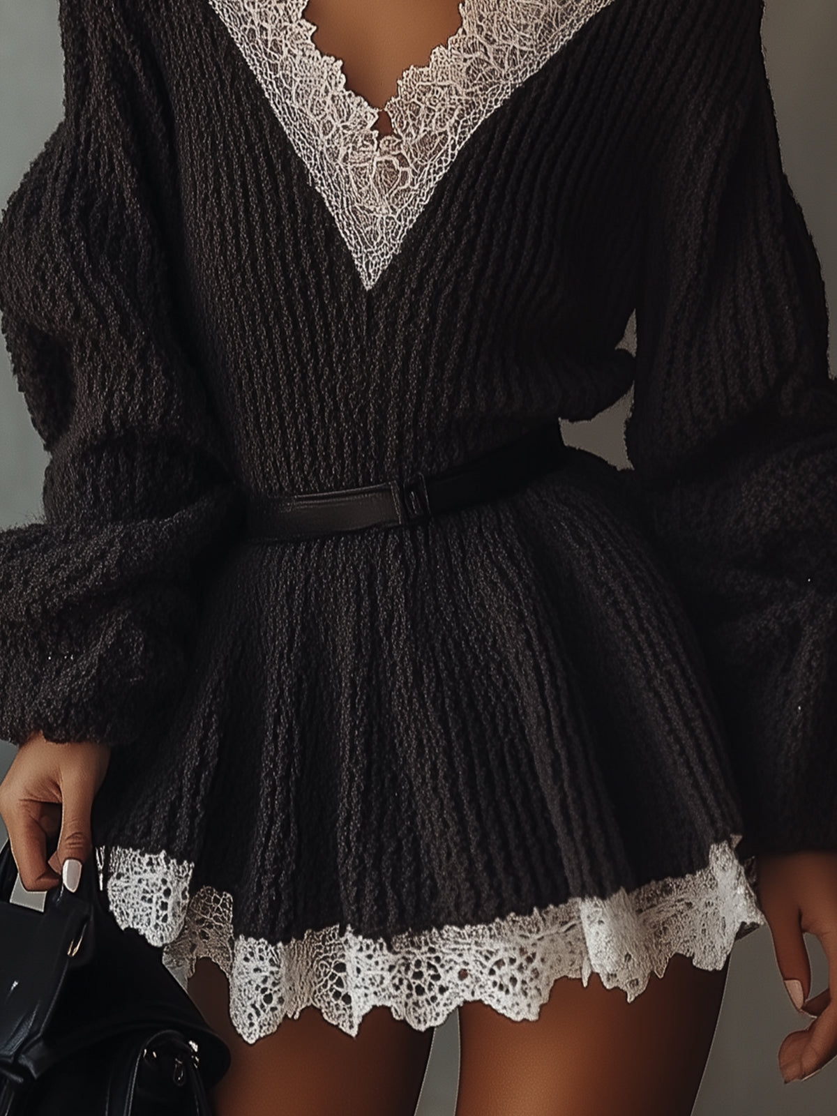Black Knitted Mini Dress With Lace V-neck And Hem And Belt