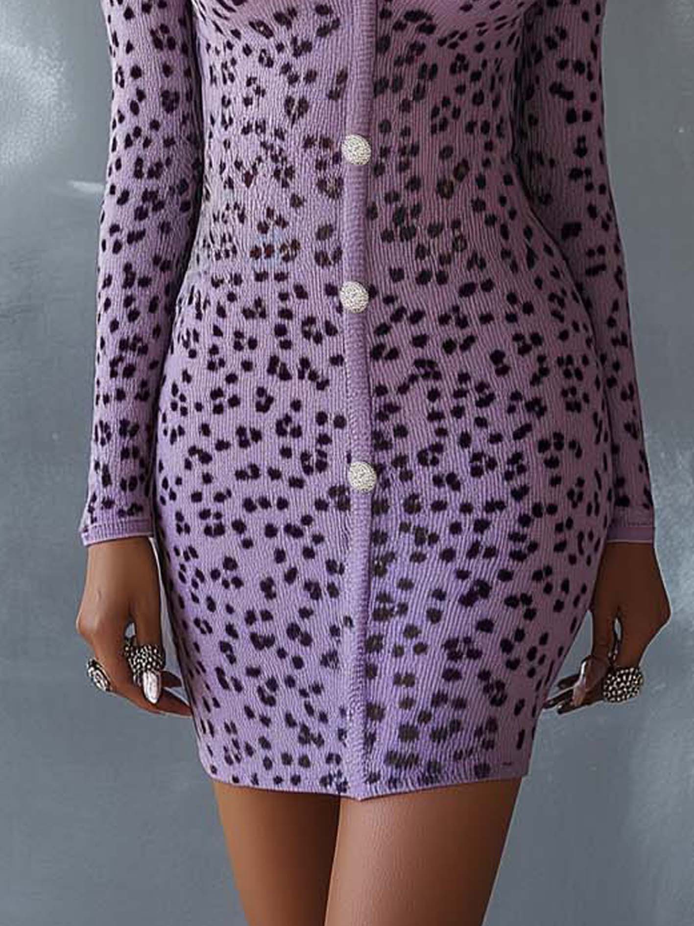 Purple Knitted Mini Dress With Leopard Print And Silver Buttons