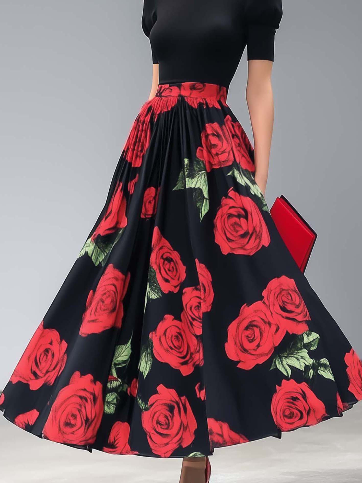 Black Maxi Dress With Red Rose Print