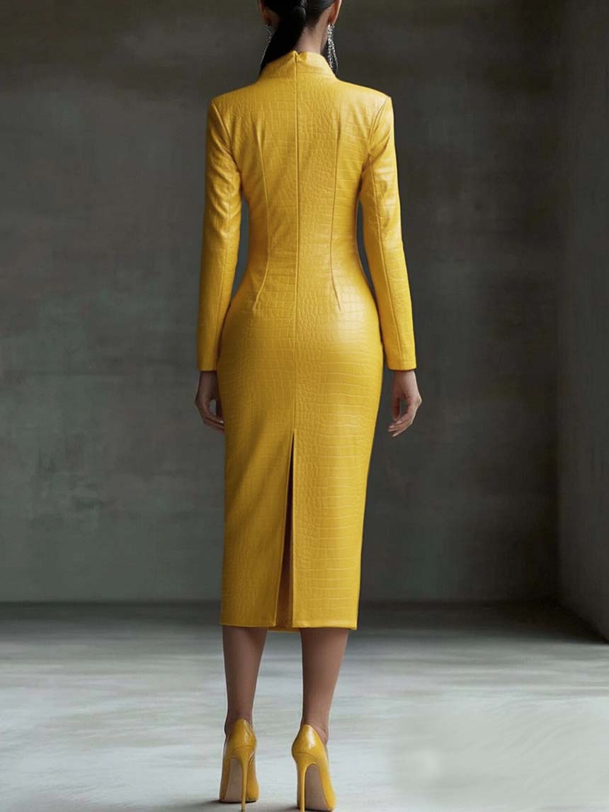 Stylish Yellow Textured Faux Leather Midi Bodycon Dress With Zipper