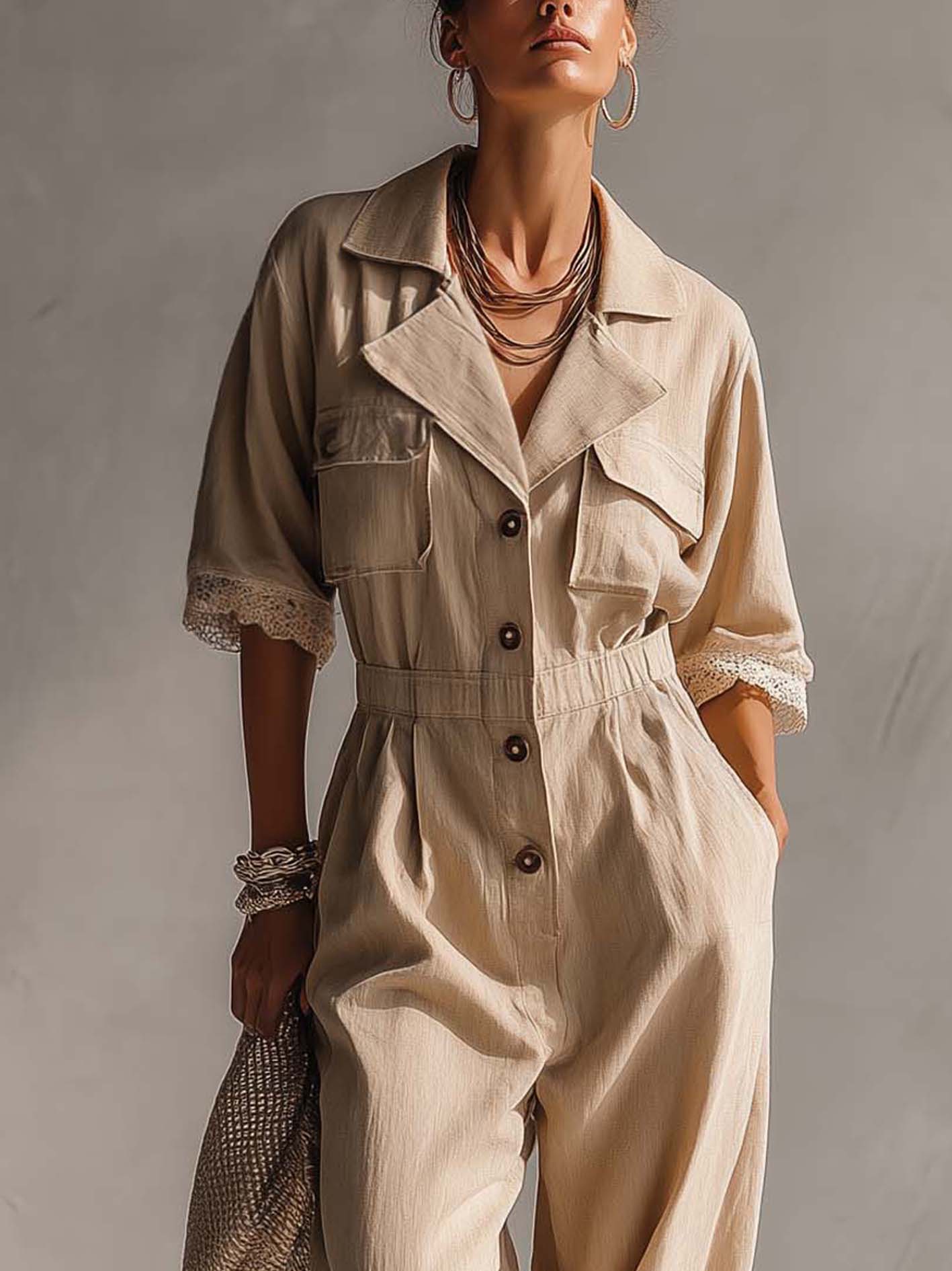 Beige Cotton Linen Lace Cuff Jumpsuit