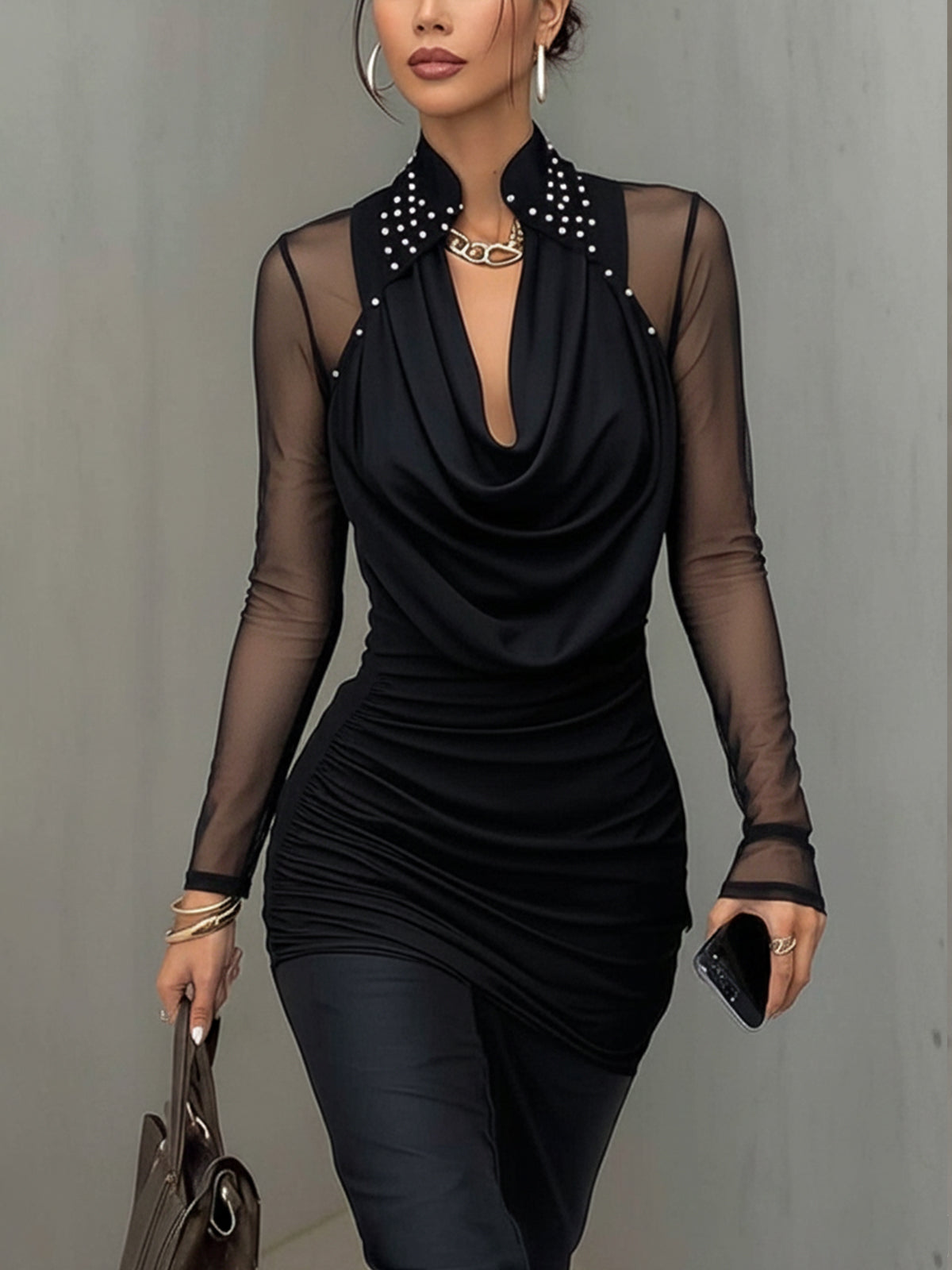 Black Sheer Sleeve Pearl Embellished Cowl Neck T-shirt