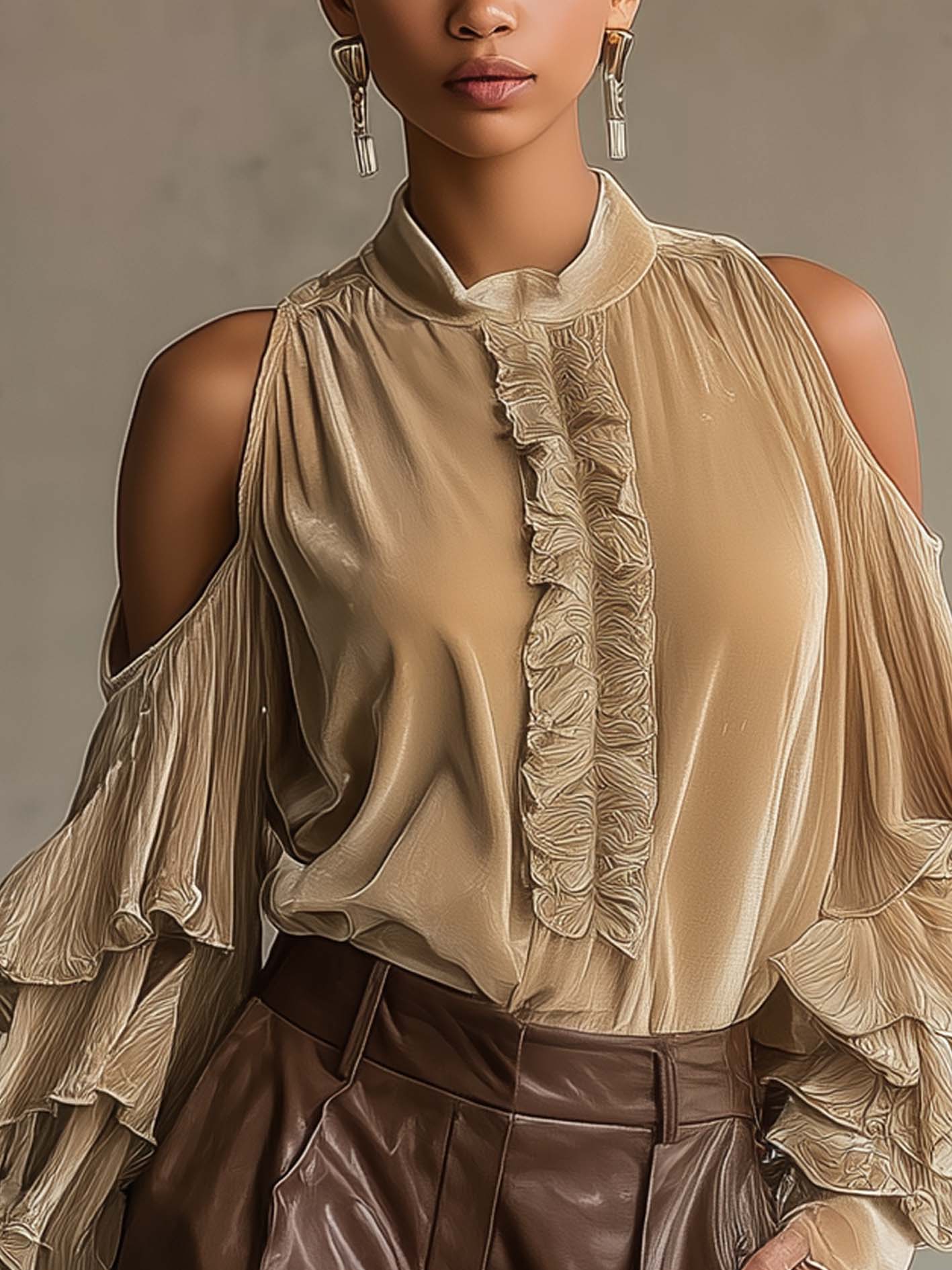 Oatmeal Velvet Cold Shoulder Ruffle Sleeve Shirt