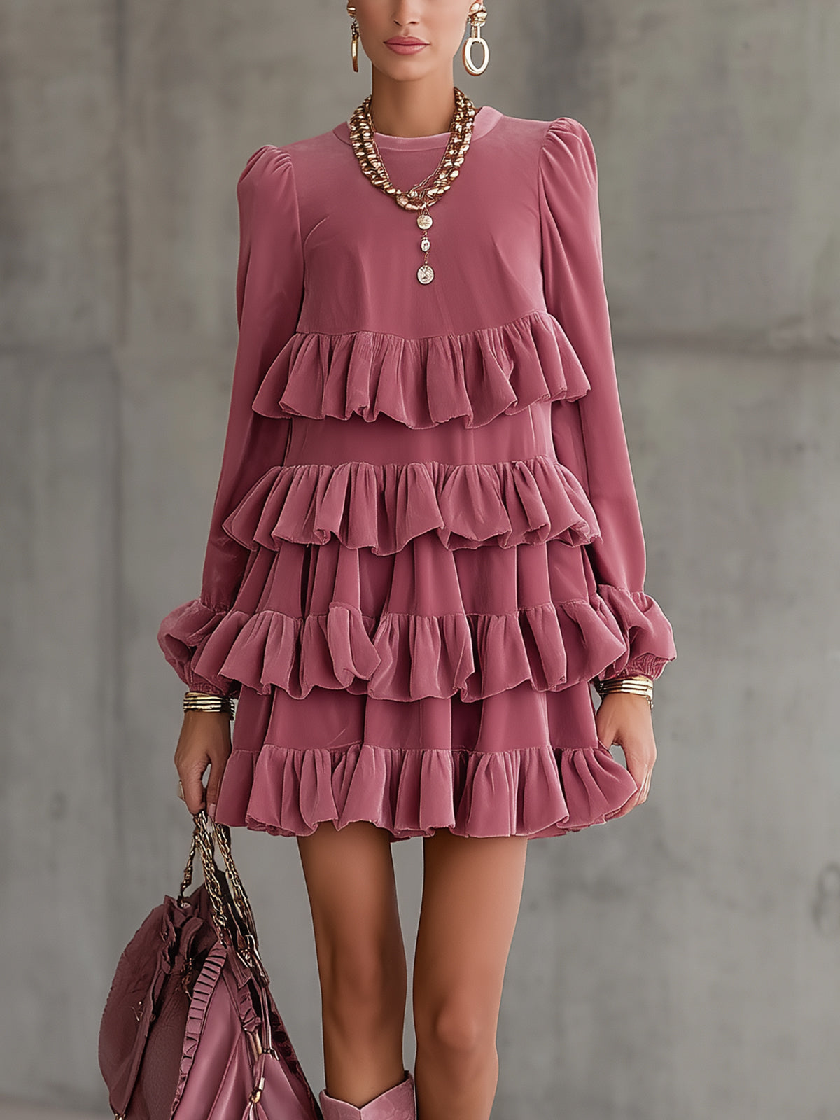 Rose Tiered Ruffle Velvet Mini Dress With Long Sleeves