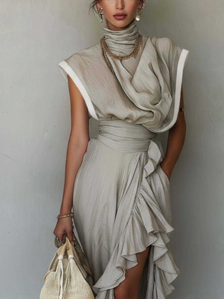 Gray Ruffled Linen Maxi Dress