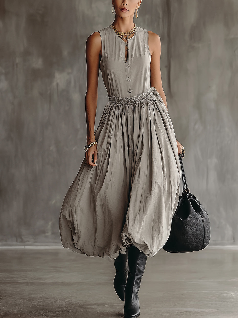 Gray Sleeveless Button Front Balloon Hem Midi Dress