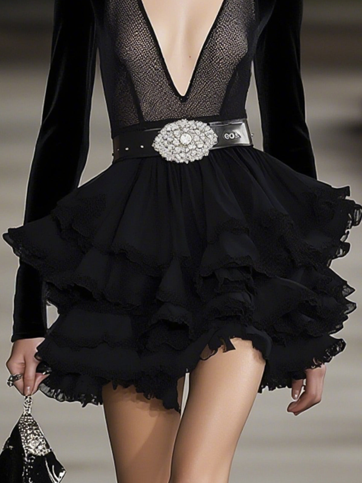 Black Deep V-Neck Ruffled Mini Dress With Mesh Paneling