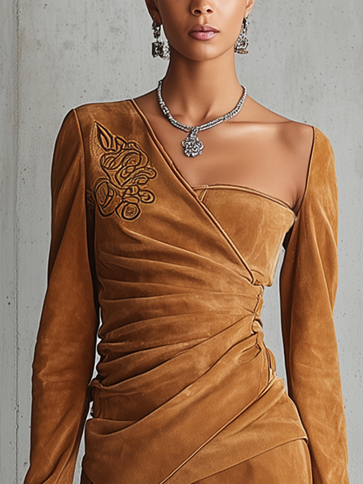 Caramel Faux Suede Asymmetric Mini Dress With Embroidered Detail