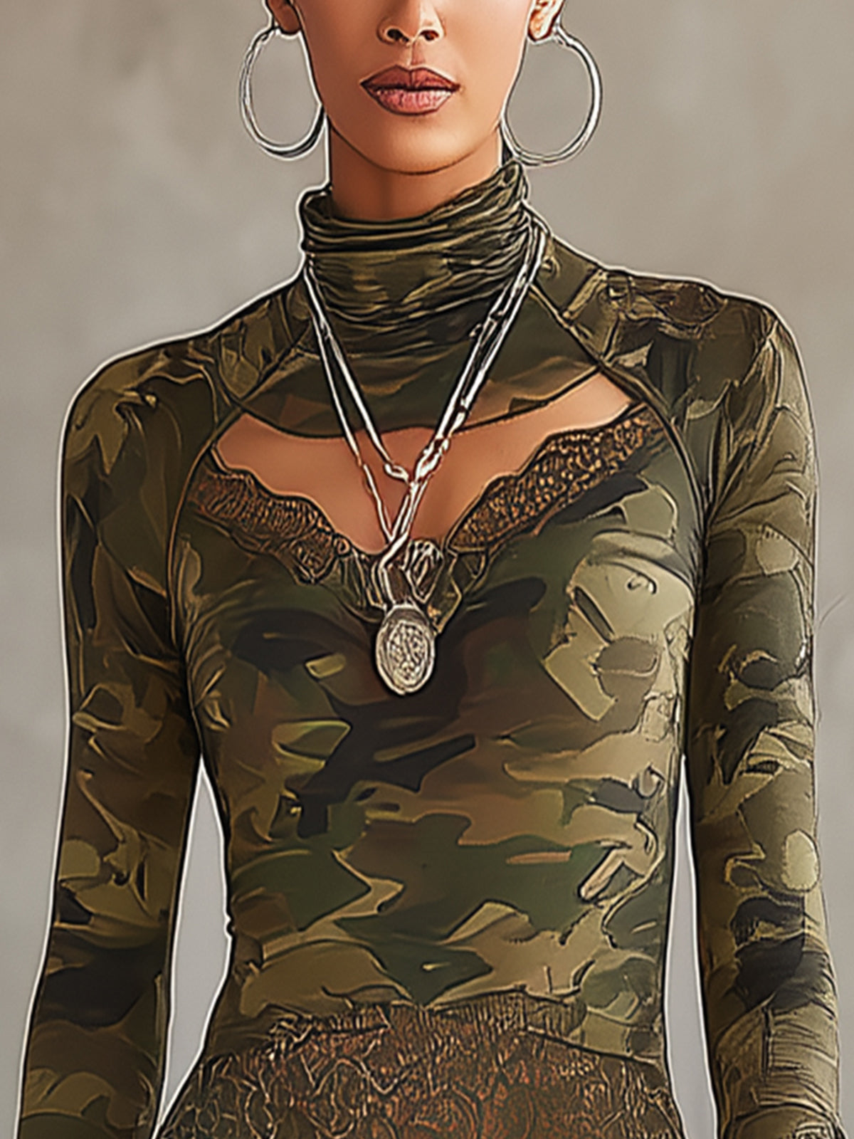 Camouflage Lace Trim Mesh Cutout Turtleneck T-shirt
