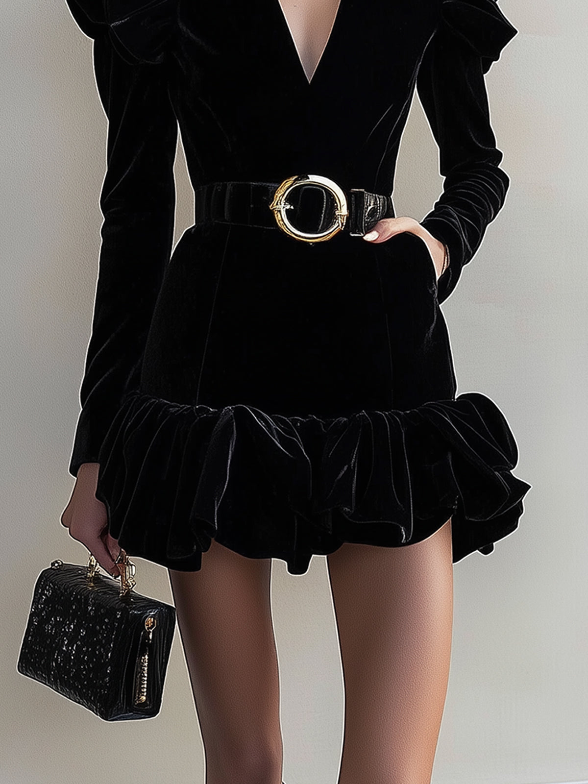 Black Velvet Ruffle V-Neck Mini Dress With Belt