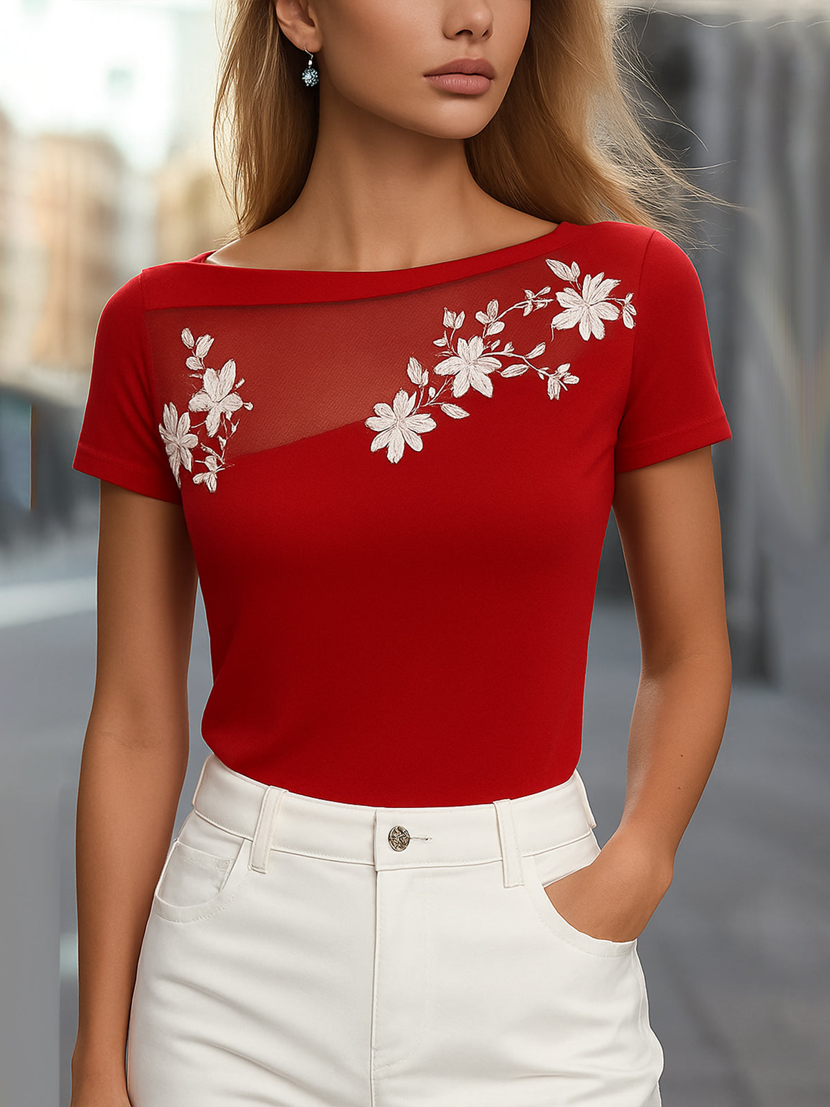 Elegant Red Floral Embroidered Mesh T-shirt