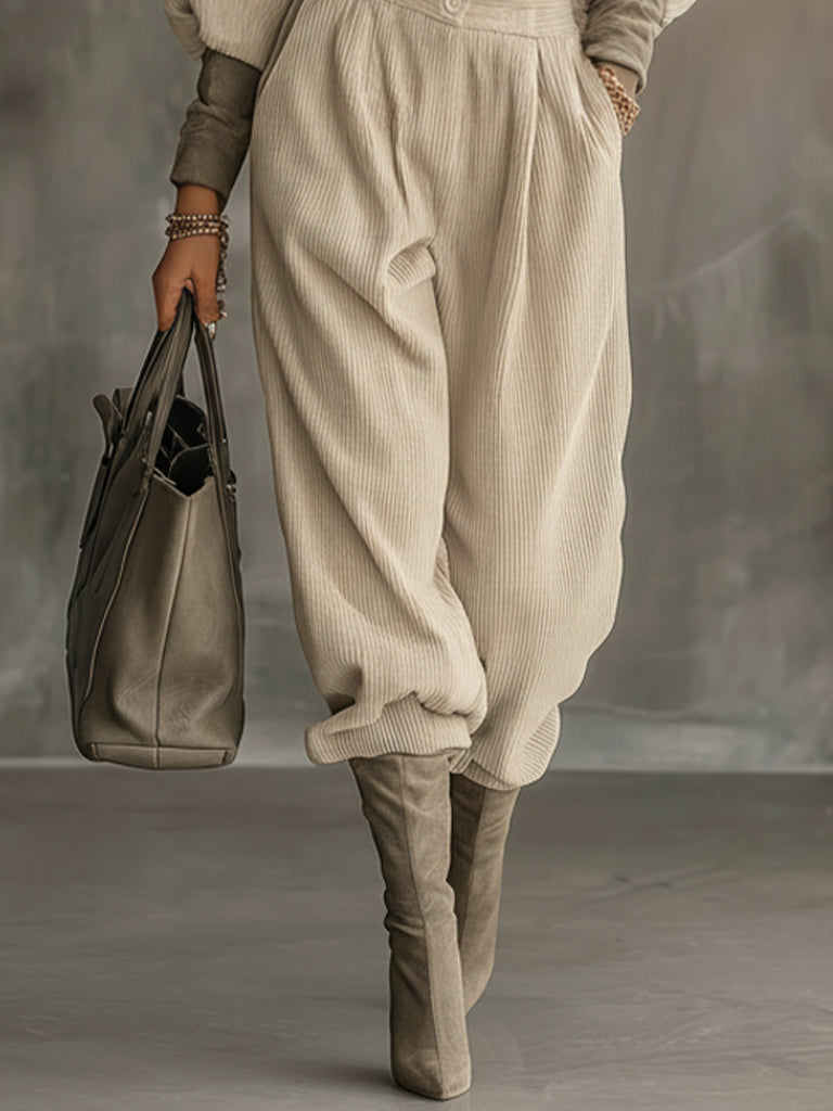 Oatmeal Corduroy Loose Fitting Deep V-neck Top And Pants Set